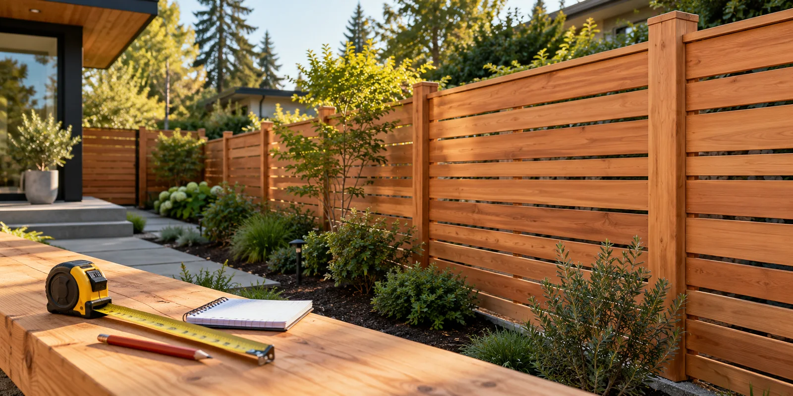 A cedar fence with a tape measure, pencil, and planning notebook